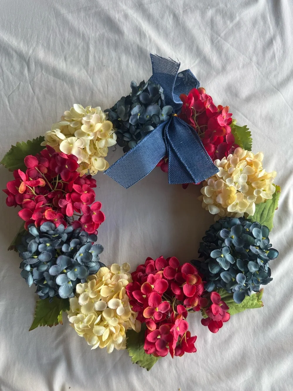 Holiday Hydrangea Wreath in Cream, Red, and Blue